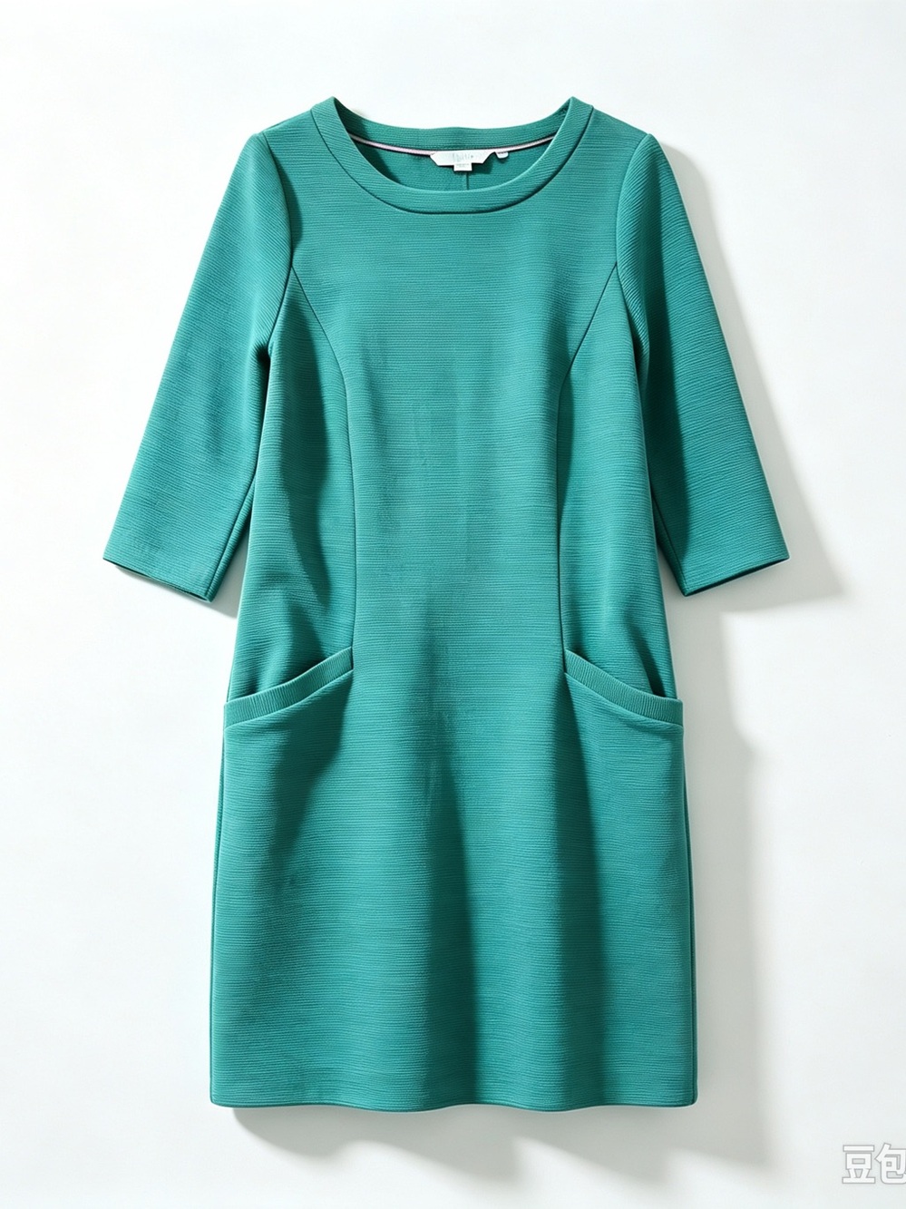 Boden Green Cotton Solid Knit Shift Dress 3/4 Sleeve Round Neck Pockets 8P